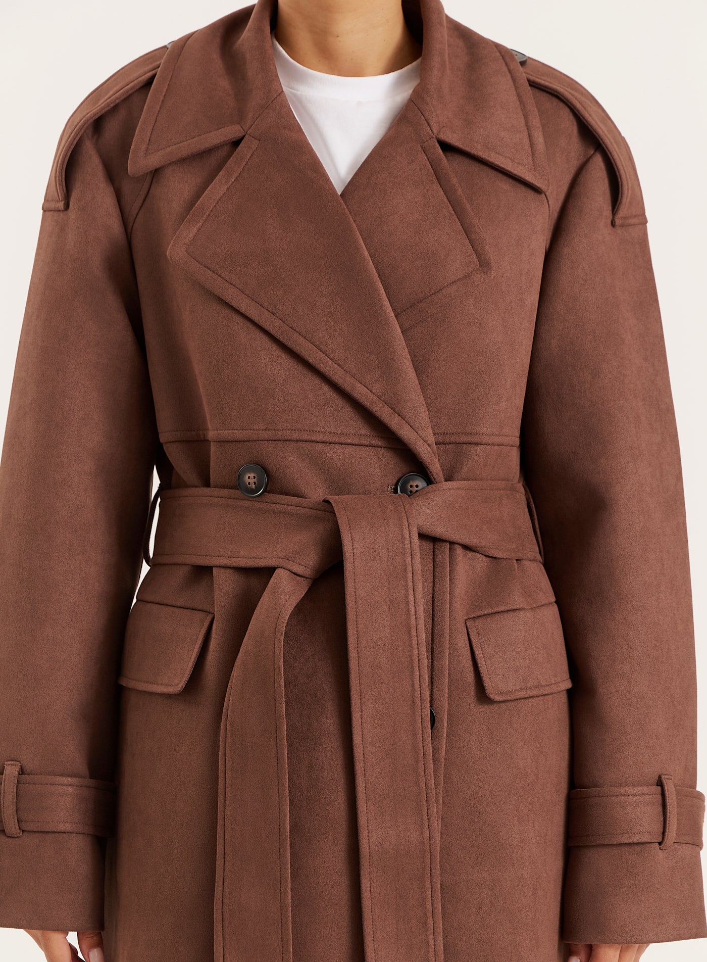 Brown Faux Suede Belted Longline Trench Coat